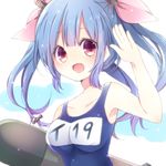  :d blue_hair breasts brown_eyes carrying_under_arm hair_ribbon i-19_(kantai_collection) kantai_collection large_breasts long_hair looking_at_viewer name_tag natubudou one-piece_swimsuit open_mouth ribbon salute school_swimsuit smile solo swimsuit torpedo tri_tails 