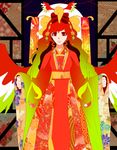  bow floral_print gen_2_pokemon hair_ornament hair_ribbon ho-oh japanese_clothes jiyu kimono looking_at_viewer personification pokemon red_eyes red_hair ribbon solo wings 