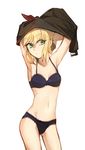  ahoge armpits artoria_pendragon_(all) blonde_hair bra fate/stay_night fate_(series) green_eyes highres jisue10 lingerie saber solo underwear undressing 