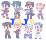  6+boys belt black_hair blonde_hair chibi fingerless_gloves giorno_giovanna gloves green_gloves grin heart higashikata_jousuke higashikata_jousuke_(jojolion) johnny_joestar jojo_no_kimyou_na_bouken jojolion jonathan_joestar joseph_joestar_(young) kesaharus kuujou_jolyne kuujou_joutarou multiple_boys navel open_mouth peace_symbol pompadour purple_gloves scarf simple_background sitting smile standing star steel_ball_run white_background 