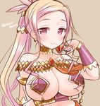  armlet bad_id bad_twitter_id bangs bare_shoulders blush breast_hold breasts brown_background choker cleavage closed_mouth collarbone diamond_(shape) earrings hand_in_hair jewelry kali_(p&amp;d) large_breasts long_hair looking_at_viewer marshmallow_mille mole mole_under_mouth multiple_arms pink_hair ponytail purple_eyes puzzle_&amp;_dragons sidelocks simple_background smile solo twitter_username very_long_hair 