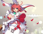  artist_name blue_eyes blurry bokeh breasts character_name clover depth_of_field dress earrings elphelt_valentine flower four-leaf_clover guilty_gear guilty_gear_xrd gun jewelry large_breasts newey petals pink_hair rose rose_petals short_hair smile solo spikes watermark weapon 