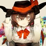  adapted_costume alternate_costume black_gloves blush bow brown_eyes brown_hair capelet flower gloves hat hat_bow long_sleeves looking_at_viewer newo_(shinra-p) open_mouth ribbon shirt short_hair simple_background solo text_focus touhou usami_renko 