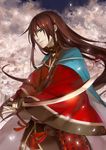  blue_eyes brown_hair cherry_blossoms izumi-no-kami_kanesada katana long_hair male_focus red_hair solo sword touken_ranbu weapon wide_sleeves zukan 