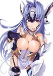  1girl armor blue_hair breasts erect_nipples female hakaba_(dairiseki) kos-mos long_hair naughty_face nipples purple_eyes smile tongue xeno_(series) xenosaga 