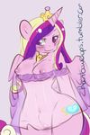  anthro anthrofied areola blush breasts clothed clothing crown cutie_mark dress english_text equine female friendship_is_magic hair half-closed_eyes half-dressed horn horse mammal my_little_pony nipples plain_background pony princess_cadance_(mlp) pussy rainbowclops royalty smile solo text two_tone_hair white_background wide_hips wings 