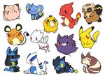  bibarel black_eyes black_hair blue_fur blush brown_fur charmeleon clefairy cute dedenne eyes_closed fire flying fur gengar hair huiro looking_at_viewer lucario lugia luxray nintendo one_eye_closed orange_body pikachu pink_body plain_background pok&eacute;mon psyduck purple_body shinx sitting togekiss video_games white_background white_body wink yellow_body 