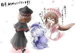  black_dress brown_hair capelet chibi cowering dress dual_persona hat letty_whiterock lily_black lily_white long_hair multiple_girls open_mouth partially_translated short_hair silver_hair skirt smile touhou translated translation_request trembling webclap white_dress yohane 