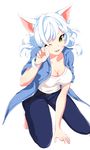  :3 ;d animal_ears bad_id bad_pixiv_id bakemonogatari barefoot belt black_hanekawa breasts cat_ears cleavage collarbone denim fang gaepeol hanekawa_tsubasa jeans large_breasts monogatari_(series) one_eye_closed open_mouth pants shirt short_hair simple_background sitting smile solo white_background white_hair white_shirt yellow_eyes 