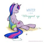  2015 clothed clothing cutie_mark english_text equine eyes_closed female feral friendship_is_magic hair half-dressed halfsparkle horn long_hair mammal my_little_pony outside purple_hair solo text twilight_sparkle_(mlp) undressing unicorn vest water wet wet_hair 