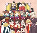  abukuma_(kantai_collection) animal_ears bear_ears black_hair blonde_hair blush brown_hair chibi chikuma_(kantai_collection) closed_eyes commentary double_bun drum eyebrows_visible_through_hair fan flute folding_screen forehead_protector fubuki_(kantai_collection) green_hair grey_eyes grey_hair ha-class_destroyer hakama hat headdress hiei_(kantai_collection) highres hina_ningyou hinamatsuri instrument japanese_clothes jintsuu_(kantai_collection) kantai_collection kimono kongou_(kantai_collection) kuma_(kantai_collection) kumano_(kantai_collection) lantern lasso long_hair microphone mikuma_(kantai_collection) multiple_girls mutsuki_(kantai_collection) naka_(kantai_collection) paper_lantern pleated_skirt puchimasu! red_eyes remodel_(kantai_collection) ritual_baton saishi sendai_(kantai_collection) short_hair shovel skirt smile taiko_drum tate_eboshi yuudachi_(kantai_collection) yuureidoushi_(yuurei6214) 