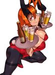  alcohol animal_ears antenna_hair ass beer breasts bunny_ears bunnysuit cleavage large_breasts lol_(harikofu) looking_at_viewer original pantyhose red_eyes simple_background smile solo tray white_background 