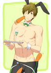  animal_ears bow bowtie brown_hair bunny_boy bunny_ears carrot detached_collar free! funikurikurara green_eyes jammers male_focus pom_pom_(clothes) shirtless tachibana_makoto tray wrist_cuffs 