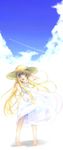  air barefoot blonde_hair blue_eyes dress hair_down hara_takehito hat highres kamio_misuzu long_hair sun_hat sundress very_long_hair 