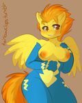  anthro anthrofied areola blush bodysuit breasts clothing english_text equine female friendship_is_magic fur hair half-closed_eyes horse mammal my_little_pony nipples orange_hair plain_background pony rainbowclops skinsuit smile spitfire_(mlp) teeth text two_tone_hair undressing wings wonderbolts_(mlp) yellow_fur 