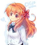  bow character_name gekkan_shoujo_nozaki-kun hair_bow heart long_hair orange_hair polka_dot polka_dot_bow purple_eyes ribbon sakura_chiyo simple_background solo tachiuo_(arines) 
