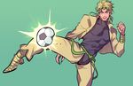  ball blonde_hair dio_brando jacket jojo_no_kimyou_na_bouken kicking magatsumagic male_focus soccer_ball solo telstar yellow_jacket 