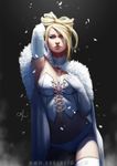  1girl arm_up armpits blonde_hair blue_eyes breasts cleavage emma_frost long_hair looking_at_viewer marvel midriff navel solo souracid thighhighs underwear x-men 