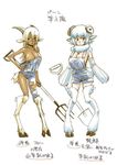  animal_ears blonde_hair breasts cleavage dark_skin detached_sleeves full_body goat_ears goat_girl goat_horns goat_tail hooves horns large_breasts merino_(monster_musume) monster_girl monster_musume_no_iru_nichijou multiple_girls okayado pitchfork sheep_ears sheep_girl sheep_horns sheep_tail shovel simple_background sketch standing tail translation_request white_background white_hair 