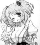  breasts cleavage clown_222 greyscale hair_bobbles hair_ornament head_tilt large_breasts millipen_(medium) monochrome one_eye_closed onozuka_komachi open_mouth shikishi short_hair signature smile solo touhou traditional_media two_side_up v 