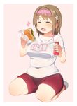  breasts brown_hair closed_eyes drink eating flower food hamburger hanon_(heartofsword) heart highres idolmaster idolmaster_cinderella_girls large_breasts mimura_kanako open_mouth plump shirt shorts sitting soda solo t-shirt uniform 