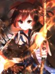  bad_id bad_pixiv_id blood bow_(weapon) brown_eyes burning burnt_clothes fire flame highres injury kaga_(kantai_collection) kantai_collection looking_at_viewer miyakura_shiiha muneate scratches side_ponytail solo weapon 