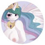  anthro anthrofied areola border breasts censored crown equine friendship_is_magic fur hair half-closed_eyes horn horse mammal my_little_pony nipples plain_background pony princess_celestia_(mlp) rainbowclops royalty smile solo teeth two_tone_hair white_background white_fur wings 