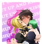  1girl 2boys beelzebub_(manga) blonde_hair blush brown_hair green_eyes green_hair hilda_(beelzebub) karoll_ann kiss multiple_boys oga_tatsumi sweat tagme 