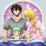  1girl 2boys baby_be&#039;el baby_be'el bed beelzebub_(manga) blonde_hair book brown_hair green_eyes green_hair hilda_(beelzebub) karoll_ann moon multiple_boys necklace oga_tatsumi pillow star window 