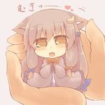  animal_ears blush brown_eyes cat_ears catchouli chibi coat crescent crescent_hair_ornament dress fang hair_ornament hair_ribbon hazuki_ruu heart kemonomimi_mode long_hair long_sleeves looking_at_viewer minigirl mukyuu open_clothes open_coat open_mouth out_of_frame patchouli_knowledge pov pov_hands purple_hair ribbon smile striped striped_dress touhou tress_ribbon very_long_hair wide_sleeves 