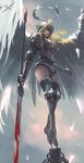  angel blonde_hair blood bloody_weapon breastplate drawcrowd_sample feathered_wings gauntlets ghostblade glaive greaves halo helmet highres image_sample lips long_hair nose on_pole original red_eyes solo standing standing_on_one_leg striped striped_legwear thighhighs tiptoes vertical-striped_legwear vertical_stripes weapon wings wlop 