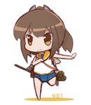  barefoot brown_eyes brown_hair cannon character_name chibi full_body highres i-401_(kantai_collection) kantai_collection machinery nuu_(nu-nyu) ponytail running sailor_collar school_swimsuit shirt simple_background sleeveless sleeveless_shirt solo standing standing_on_one_leg swimsuit swimsuit_under_clothes turret white_background 