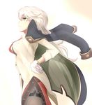  atelier_(series) atelier_escha_&amp;_logy bad_id bad_tumblr_id black_legwear dress_shirt from_side gloves grandmastag green_eyes hand_on_hip highres jacket_on_shoulders long_hair necktie pantyhose parted_lips profile shirt side_slit solo thighband_pantyhose threia_hazelgrimm white_gloves white_hair wing_collar 