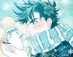  blue_hair blush headband holiday-jin jojo_no_kimyou_na_bouken joseph_joestar_(young) male_focus scarf snowman solo winter winter_clothes 