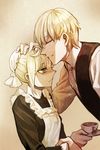  1girl artoria_pendragon_(all) ascot blonde_hair bun_cover cup fate/stay_night fate_(series) forehead gilgamesh green_eyes highres jisue10 lace maid saber tea teacup victorian victorian_maid 