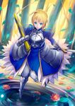  ahoge artoria_pendragon_(all) avalon_(fate/stay_night) blonde_hair chiro_(mind-chamber) excalibur fate/stay_night fate_(series) forest highres lily_pad nature saber sheath solo standing standing_on_liquid sword weapon 