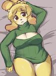  2014 animal_crossing biting_lip bottomless breasts canine clothed clothing dog female fur half-dressed isabelle_(animal_crossing) keyhole_turtleneck loliswitch looking_at_viewer lying mammal nintendo solo sweater video_games yellow_fur 