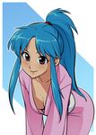  bent_over blue_hair blush botan_(yuu_yuu_hakusho) breasts cleavage hair_accessory hair_ornament japanese_clothes kimono long_hair optionaltypo pink_eyes ponytail requiemdusk sfw smile solo typo_(requiemdusk) yuu_yuu_hakusho 