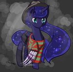  2015 acharmingpony_(artist) blue_fur blue_hair claws cosplay equine female feral friendship_is_magic fur gloves hair hat horn long_hair looking_at_viewer mammal my_little_pony nightmare_on_elm_street princess_luna_(mlp) smile sweater teal_eyes winged_unicorn wings 