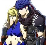  blonde_hair blue_hair cape couple fire_emblem ike kudakeru long_hair metroid midriff nintendo ponytail samus_aran short_hair super_smash_bros. 