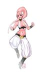  anklet baggy_pants black_sclera boots breasts cat_miyashiro choker clenched_hands dragon_ball dragon_ball_z earrings full_body halter_top halterneck high_heel_boots high_heels highres jewelry majin_buu medium_breasts midriff pants pink_skin red_eyes sideboob solo 
