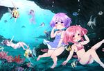  air_bubble bikini bubble casual_one-piece_swimsuit fish freediving highres holding_breath mochizuki_usagi multiple_girls one-piece_swimsuit original pink_hair purple_eyes purple_hair red_eyes rock short_hair swimming swimsuit twintails underwater 