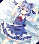  arms_up blue_eyes blue_hair bow cirno frilled_skirt frills hair_bow looking_at_viewer neck_ribbon puffy_short_sleeves puffy_sleeves red_ribbon ribbon sanasanayukikuni shirt short_sleeves skirt skirt_set smile snowflakes solo touhou white_shirt wings 
