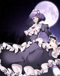  anpolly bad_id bad_pixiv_id bangs black_dress blackberry_cookie brooch cookie_run dress frilled_dress frilled_sleeves frills frown full_moon highres jewelry long_sleeves looking_at_viewer moon night personification purple_eyes purple_hair short_hair sky solo star_(sky) starry_sky striped striped_legwear 