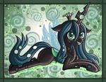  2012 black_skin blue_fur blue_hair butt changeling crown female feral friendship_is_magic fur green_eyes hair hi_res holes horn looking_at_viewer my_little_pony nude open_mouth queen_chrysalis_(mlp) raptor007 smile solo teeth wings 