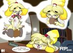  2015 animal_crossing anthro areola balls breasts canine cunnilingus dog english_text erect_nipples erection fellatio female human isabelle_(animal_crossing) male mammal nintendo nipples oral penis r!p sex text vaginal video_games 