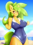 beach cleavage clothed clothing cloud equine female fist friendship_is_magic green_hair hair looking_at_viewer mammal mango_(character) mleonheart my_little_pony orange_eyes seaside sky solo swimsuit water 