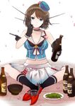  black_gloves blue_eyes bottle breasts brown_hair choker cleavage gloves hat highres indian_style kantai_collection kuso_bba large_breasts looking_at_viewer maya_(kantai_collection) midriff miniskirt navel petals remodel_(kantai_collection) short_hair sitting skirt socks solo white_background 