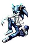  2015 anthro blue_fur blue_skin claws clothed clothing fur green_eyes hedgehog jacket male mammal necktie pants plain_background sega sharp_teeth shirt shoes sitting solo sonic_(series) sonic_the_hedgehog sonic_the_werehog tailzkim teeth werehog 