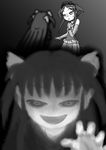  bare_shoulders black_sclera comic commentary dress dual_persona elbow_gloves evil_smile gloves greyscale hair_ribbon highres monochrome multiple_girls original rakurakutei_ramen ran_straherz ribbon silent_comic smile tiara two_side_up 